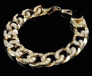 MENS YELLOW GOLD FINISH LAB DIAMOND THICK MIAMI CUBAN LINK BRACELET CHAIN - Picture 1 of 4