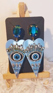Blue Heart Crystal Lucky Eye Dangle Drop Acrylic Earrings - Picture 1 of 4
