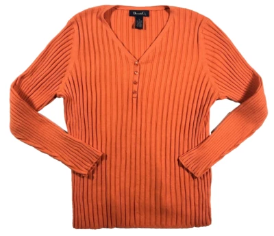 Denim & Co Womens Sweater Sz 1X Orange Ribbed Stretch Henley Long Sleeve NWOT - Image 1 of 4