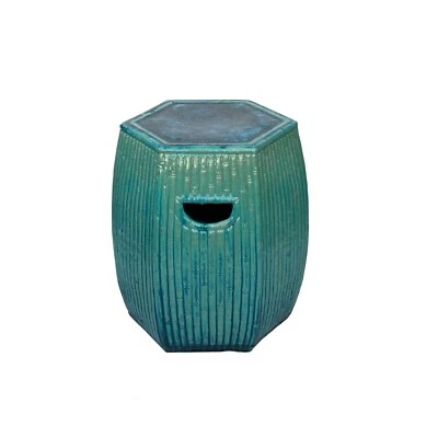 Chinese Hexagon Bamboo Theme Turquoise Green Ceramic Clay Garden Stool ws3557 - Image 1 of 4