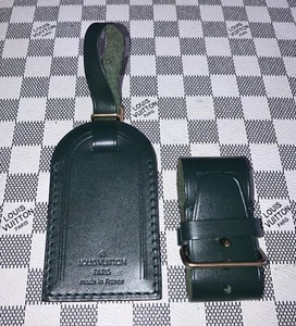 LOUIS VUITTON Dark Green Name Tag & Poignet Leather & Gold Hardware set . - Picture 1 of 13