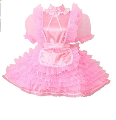 Lockable Prissy Sissy Maid Satin Organza Pink Dress Cosplay Costume Tailor-Made - Image 1 of 3