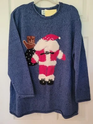 QUACKER FACTORY Tunic Sweater Blue Crew Neck Rolled Trim Santa X-mas Holiday QVC - Image 1 of 4