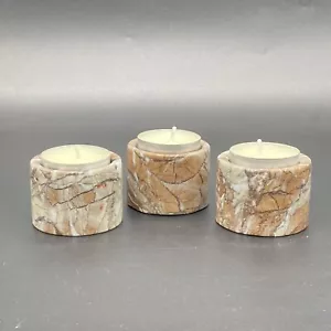 3 X VINTAGE BROWN ONYX MARBLE NATURAL STONE TEA LIGHT CANDLE HOLDER ROUND 4CM - Picture 1 of 7