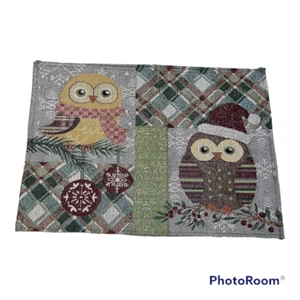 Lote de 2 manteles tapiz búhos bayas a cuadros hilos de plata tejidos Navidad - Imagen 1 de 12