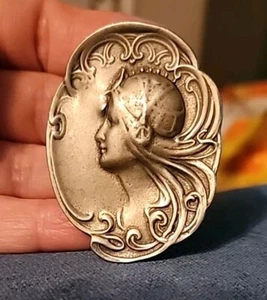 Vtg Art Nouveau Dame Warrior Lady Brooch Pendant .95 Pewter Canada Signed - Picture 1 of 13