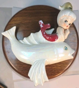 Vintage Ceramic Mermaid on Iridescent Fish Wall Plaque Figurine Norcrest Japan  - Picture 1 of 19