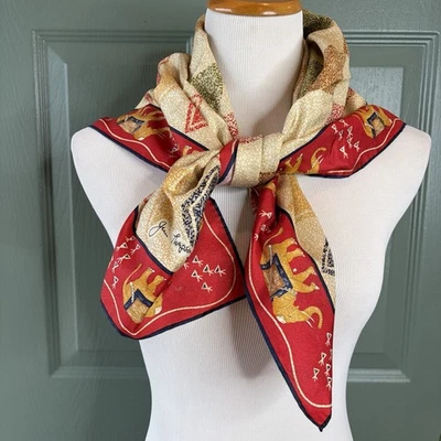 Jim Thompson Thai Silk Scarf 32” Square Elephant Diamond Print Vtg Red Gold - Image 1 of 4