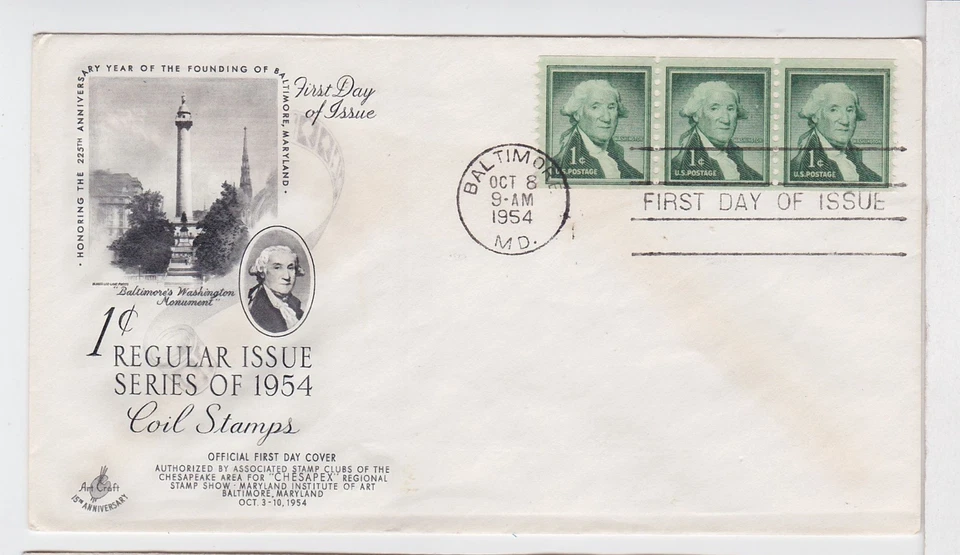 TurtlesTradingPost - George Washington 1 Cent #1054c - 1954 FDC Artcraft Cachet - Image 1 of 1