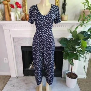 Vintage 80s Blue Ditsy Floral Jumpsuit White Wide Leg Cottagecore Size Medium - Picture 1 of 9