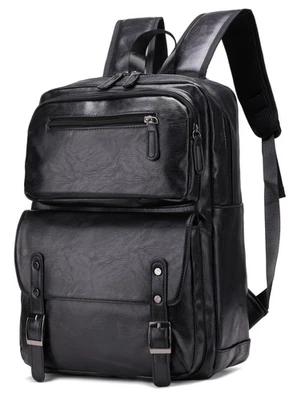 Men's Black PU Leather Casual Laptop Backpack Daily Commuter College Bookbag - Image 1 of 4