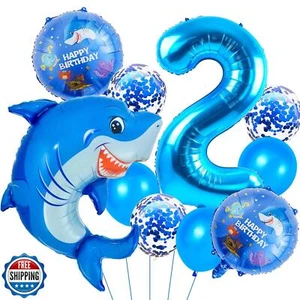 Hai Geburtstag Deko, Blauhai 2 Luftballon Zahlen, Meerestier Luftballons, - Bild 1 von 5