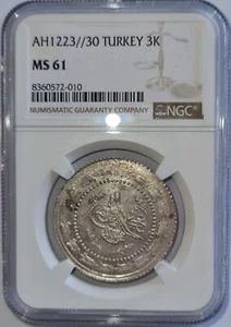 TURCHIA IMPERO OTTOMANO - ΑΗ1223/30 3 Kurush, Mahmud II - NGC MS61!!! - Foto 1 di 2