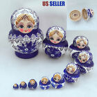 10pcs Blue Dolls Set Wooden Russian Nesting Babushka Matryoshka Hand Painted