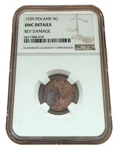 Poland 1939 Bronze 5 Groszy NGC UNC Details - Picture 1 of 2