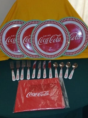 Coca-cola Melamine Plates, Silverware, and Apron-New and Used - Image 1 of 4