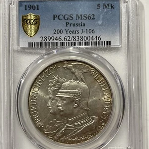 1901 German Empire Prussia Silver 5 Mark PCGS MS62 - Picture 1 of 6