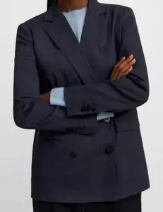 $495 NWT THEORY Sz6 DOUBLE-BREASTED STRETCH LINEN BLAZER DEEP NAVY - Picture 1 of 10