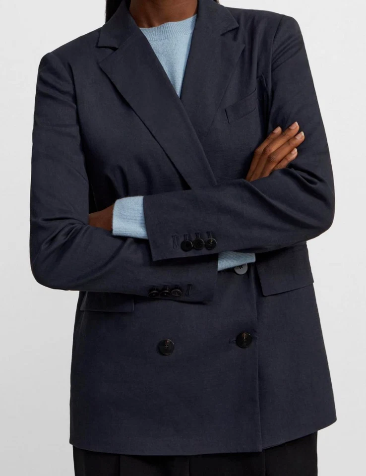 NWT THEORY Sz6 DOUBLE-BREASTED STRETCH LINEN BLAZER DEEP NAVY - Image 1 of 4