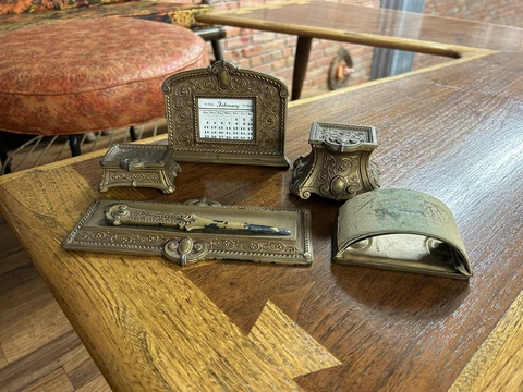 Antique 1924 LV Arronson 6 Piece Desk Set Letter Opener Ink Well Calendar Cover