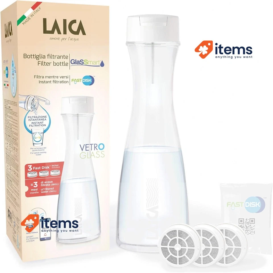 Garrafa de filtro de vidro Laica Bk31A Glassmart, 3 filtros de disco rápidos incluídos - Imagem 1 de 4