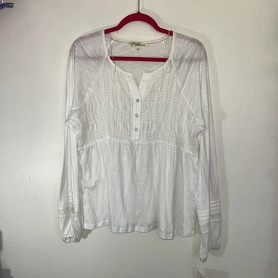 NUEVO CON ETIQUETAS Talla L Manga Larga Blanca Blusa Calada Campesina Gauzy Boho Henley Algodón Modal Foto 1 de 4