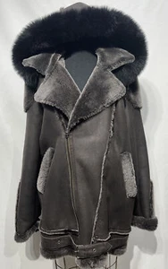 Brown shearling jacket lambskin w/ det. Black Fox hood (112168) - Picture 1 of 3
