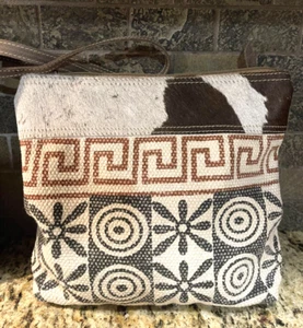 Cowhide Trimmed Cavas Tapestry Crossbody Purse Shoulder Bag - Picture 1 of 7