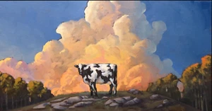 PRINT Cow Hawkins Farm Art Giclee Signed Canvas Impressionism Clouds COA R26B - Picture 1 of 3