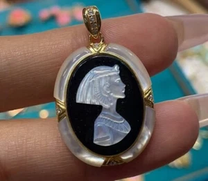 F18 Cleopatra Perlmutt Onice Nero Pendente Argento 925 - Foto 1 di 2