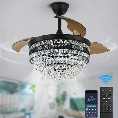 Modern 42" Crystal Chandelier Invisible Ceiling Fan LED Light w/Remote Control - Image 1 of 4