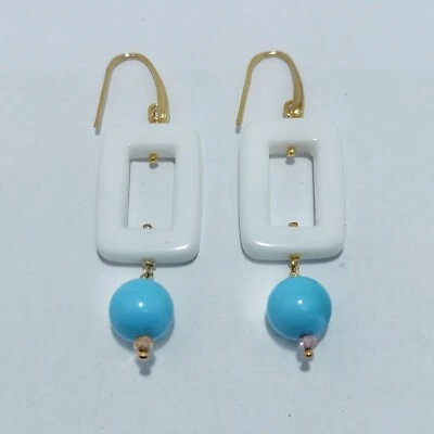 Orecchini donna pendenti argento 925  dorati  giallo agata bianca pasta turchese - Immagine 1 di 4