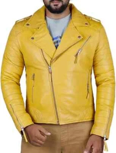 Stylish Yellow Handmade Motorcycle Soft New Men Jacket Leather Genuine Lambskin - Picture 1 of 5