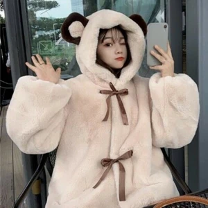 Women Faux Fur Jackets Coat Hooded Fluffy Plush Bear Ear Warm Cute Japanese - Picture 1 of 6