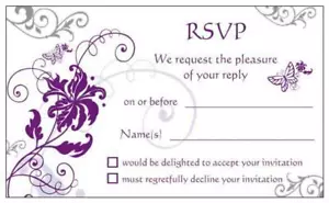 20 x WHITE RSVP CARDS wedding invitations reply response purple silver butterfly - Picture 1 of 1