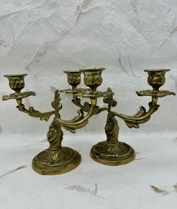 Pair Antique Style Italian Baroque Gilt Brass Candelabras Heavy W/ Gold Candles - Picture 1 of 24