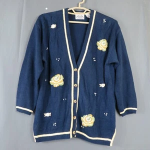 Vintage The Villager Blue Embroidered Button Front Knit Sweater Size M Petite  - Picture 1 of 10