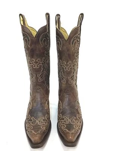 Women's Corral Boots, Brown w/Turquoise Inlay & Snip Toe - Picture 1 of 2