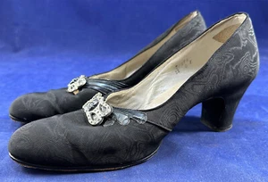 Vintage Johansen Art Deco Black Silk Moire Silver Buckle Pumps Evening Shoes - Bild 1 von 5
