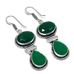 Green Onyx Gemstone Handmade 925 Sterling Silver Jewelry Earring Size 1.9" - Picture 1 of 1