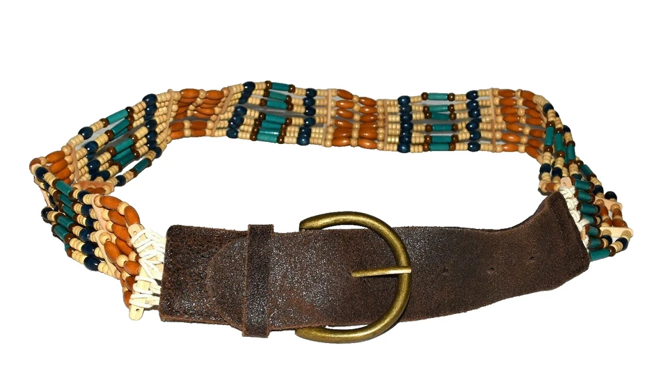 Xhilaration Boho Hippie Brown Leather Blue Brown Black Wood Beaded Belt Size 41 - Image 1 of 4