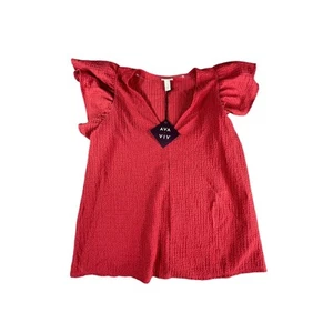 Ava & Viv Shirt Womens XXL 2XL Pink Red Flutter Sleeve Plus Size Textured NWT - Picture 1 of 8