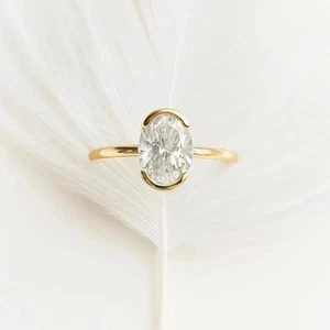 6Ct Oval Created Half Bezel 10k Yellow Gold Diamond Engagement Solitaire Ring - Picture 1 of 9