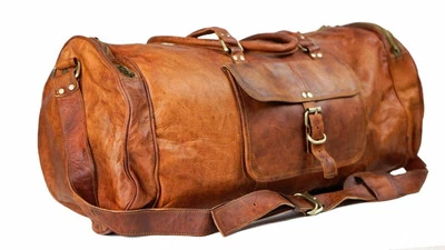 New Men's distressed Leather Retro vintage Large Round duffel travel gym bag - Image 1 of 4