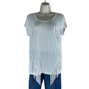 Zenergy by Chico’s Short Sleeve Fringed T Shirt Top White Tee Women Size 0/ S - Picture 1 of 6