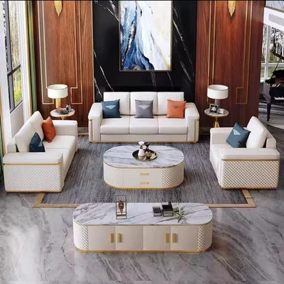 European Modern Luxury Leather 4-Piece Sofa Set with Coffee Table – White & Gold - Image 1 of 4