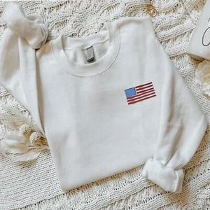 Patriotic Embroidered Sweatshirt, Long Sleeve Crewneck Sweatshirt,  - Picture 1 of 10