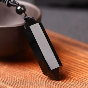 Natural crystal black obsidian hexagonal column necklace pendant bead rope chain - Picture 1 of 6
