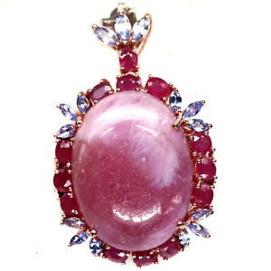 23 X 33 MM. Pink With Red Heated Ruby & Blue Tanzanite Brooch 925 Silver
