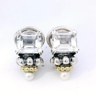 Lagos Caviar Sterling & 18K Oro Trasparente Quarzo & Perla Omega Retro Orecchini - Immagine 1 di 4